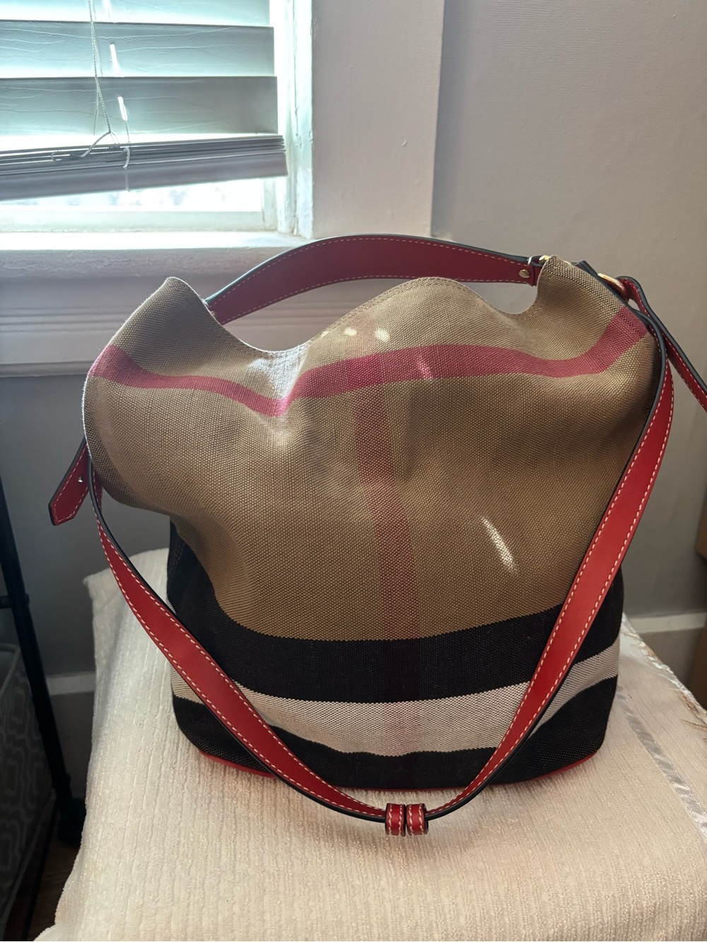 Burberry Beige Canvas Shoulder Bag with Red Trim